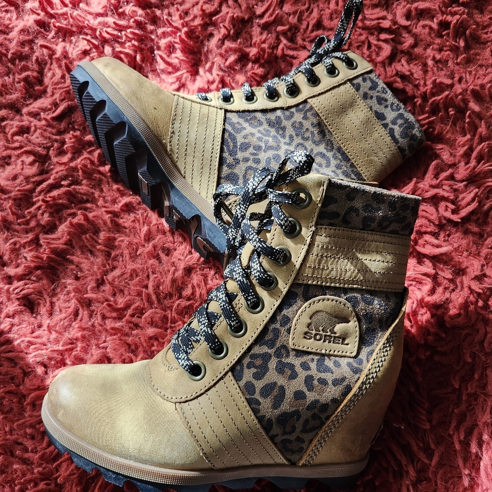 SOREL Women's Lexie Brown Leather Platform Wedge Leopard Print Booties Size 7 - Picture 8 of 16